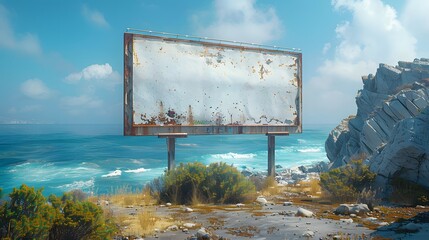 a billboard mockup overlooking a picturesque coastal vista, with crashing waves and rocky cliffs...
