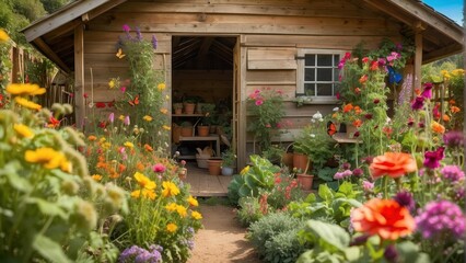 Rustic garden shed surrounded by vibrant flowers - obrazy, fototapety, plakaty
