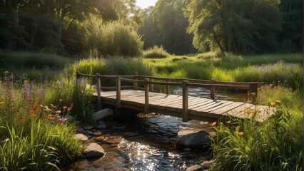 Tranquil wooden bridge over forest stream