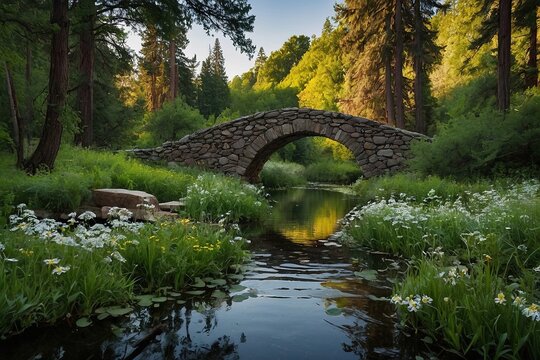 a stone bridge over a small stream in the forest