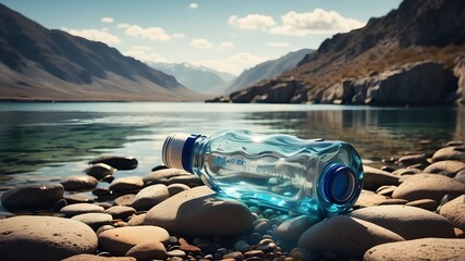 a magnificent image of a big water bottle lying contentedly on rocks in the middle of a tranquil body of water. - obrazy, fototapety, plakaty