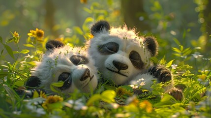 sweetness of baby pandas napping on a serene green background, their chubby cheeks and peaceful...