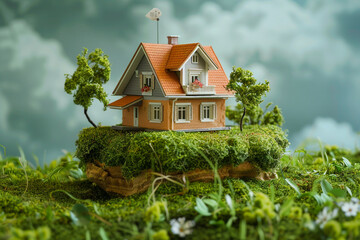 Concept of selling a house with a model house above a green meadow.