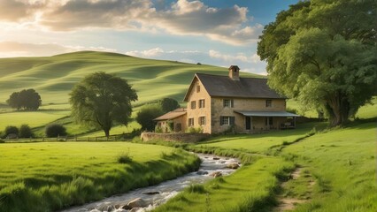 A serene countryside view with a rustic house beside a flowing stream