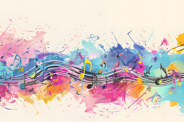 abstract background in the form of a musical wave, a multi-colored musical wave with notes on a white background - obrazy, fototapety, plakaty
