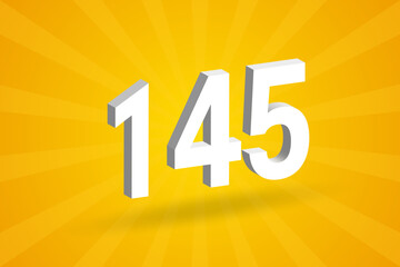 3D 145 number font alphabet. White 3D Number 145 with yellow background