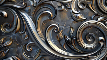 Decorative wall adorned with abstract swirls and metallic accents,