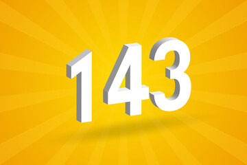 3D 143 number font alphabet. White 3D Number 143 with yellow background