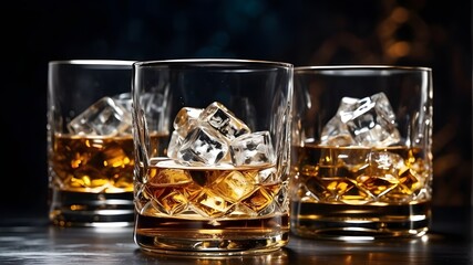 Delicious whiskey in glasses with ice on a mirror table against a dark background, close-up