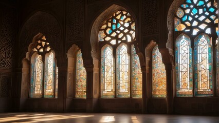 Fototapeta na wymiar Sunlight shines through colorful stained glass windows