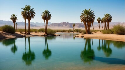 Fototapeta na wymiar Tranquil oasis with palm reflection