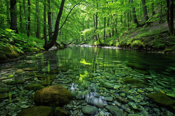 Fototapeta na wymiar Deep forest stream with crystal clear water.