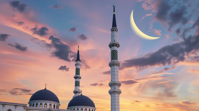 Celestial Beauty: Mosque Silhouetted Against Crescent Moon