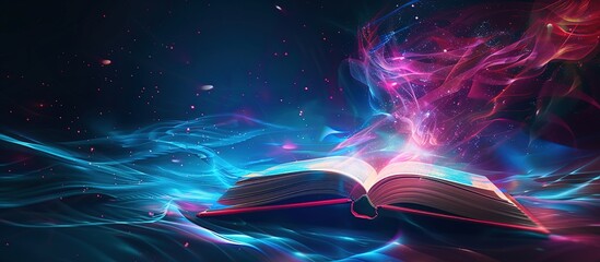 open reading book media for learning in a futuristic style, around which there is a colorful fine smoke. Images can be used for educational templates and information sources.