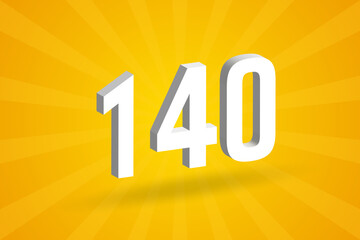 3D 140 number font alphabet. White 3D Number 140 with yellow background