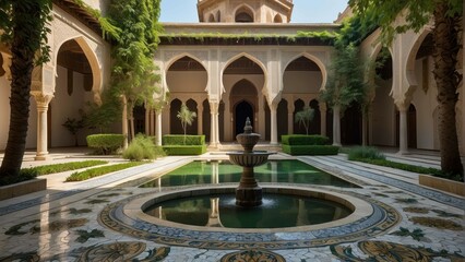Fototapeta na wymiar Tranquil Moorish courtyard with a fountain