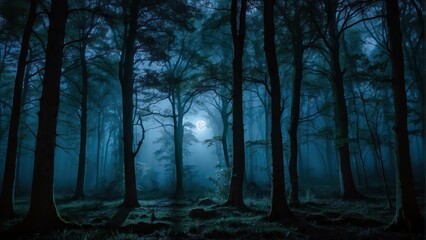 Captivating night scene in a mystical forest with tall trees