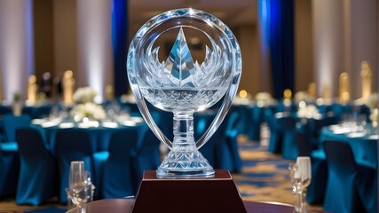 Symbolizing business accomplishment, an elaborate crystal trophy takes center stage at an annual corporate awards ceremony.