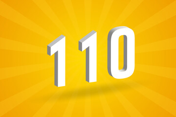 3D 110 number font alphabet. White 3D Number 110 with yellow background