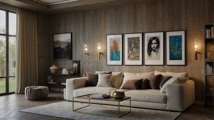 Obraz na płótnie Canvas stylish living room featuring a comfortable beige sofa,