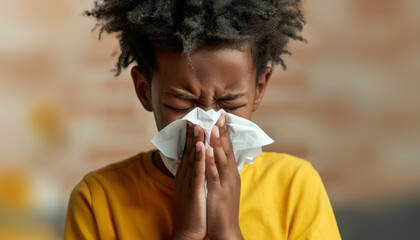 Closeup portrait of a sick little black boy blowing his nose into a tissue. Flu or allergy season, vaccination. Generative AI - obrazy, fototapety, plakaty