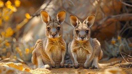 Wandcirkels plexiglas  endearing sight of baby kangaroos snuggling on a desert sand-inspired background, their tiny ears and gentle hops captured in breathtaking 8k full ultra HD © Artistic_Creation