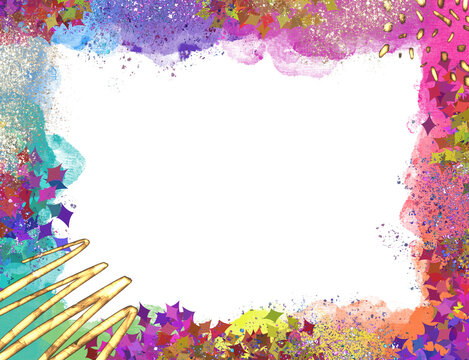 Rainbow watercolor border. Abstract colorful edges. Iridescent and shiny shapes. Letter size margen 8.5 x 11 inches.