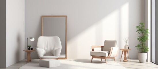 The image showcases a cozy living room featuring a elegant chair and a stylish mirror, creating a welcoming ambiance