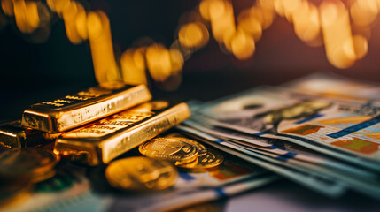 a chart of currency or financy background with as stack of  gold bar. A financial concept. A economic concept. - obrazy, fototapety, plakaty