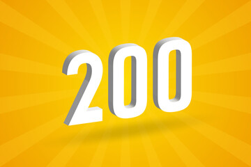 3D 200 number font alphabet. White 3D Number 200 with yellow background