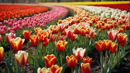 Field of colorful tulips in full bloom - obrazy, fototapety, plakaty