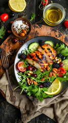 Delightful Low Carb Grilled Chicken Salad with Fresh Veggie Mix, Berries and Nuts Ensemble