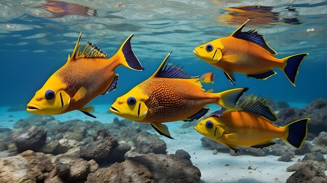 Baja California, Mexico, and the Revillagigedo Islands. Three vivid trigger fish swimming in the vicinity of San Benedicto Island.