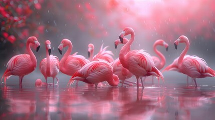 adorable antics of baby flamingos wading on a serene pink background, their long legs and fluffy feathers highlighted in breathtaking 8k high resolution