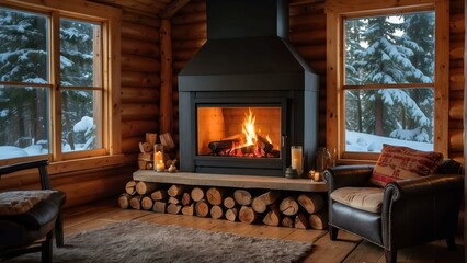Winter cabin with central modern fireplace - obrazy, fototapety, plakaty