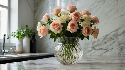 Vase of roses on a marble counter
