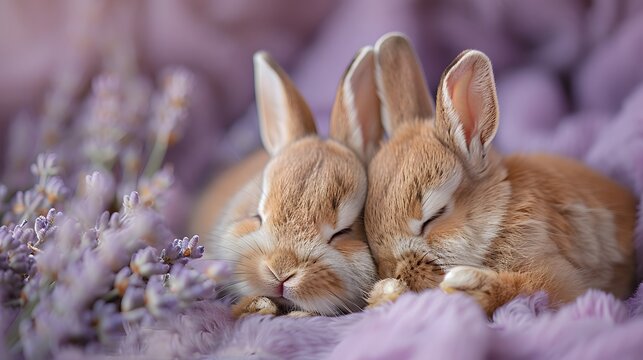 cuteness overload of fluffy bunny siblings cuddling on a cozy lavender backdrop, their furry bodies and gentle features highlighted in cinematic 8k high resolution