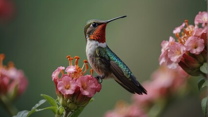 Hummingbird hovering near pink flowers