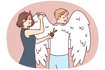 Woman with clipping wings on back crying man to limit freedom and potential. Girl with demon horns brings scissors to back of angel for concept totalitarian environment in company