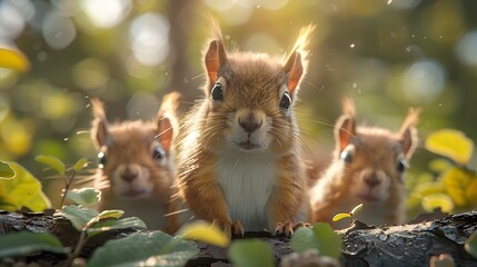 playful antics of baby squirrels climbing on a vibrant green background, their bushy tails and curious stares immortalized in cinematic 8k high resolution - obrazy, fototapety, plakaty
