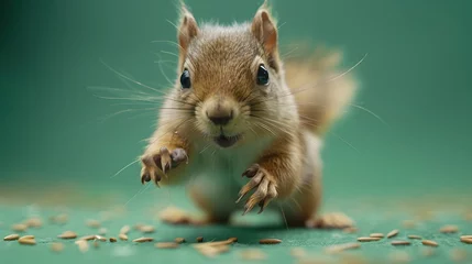 Fotobehang playful antics of baby squirrels climbing on a vibrant green background, their bushy tails and curious stares immortalized in cinematic 8k high resolution © Artistic_Creation