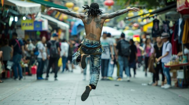 A lone street performer is captured midjump with back facing the camera. acrobatic skills and flair for entertainment . .