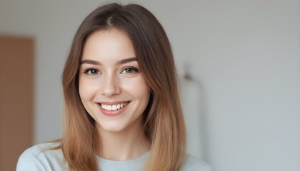 Portrait of a young beautiful cheerful charming woman white white teeth, smiling on a clean background	