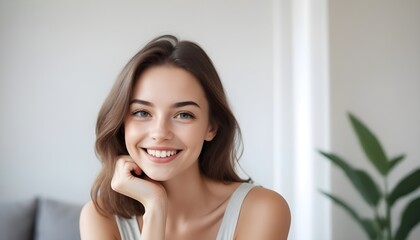 Portrait of a young beautiful cheerful charming woman white white teeth, smiling on a clean background	