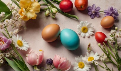 Fototapeta na wymiar photo top view beautiful composition spring atmosphere, realistic photo of easter eggs with fruits and flowers