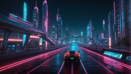 Neon lit futuristic city with a sports car