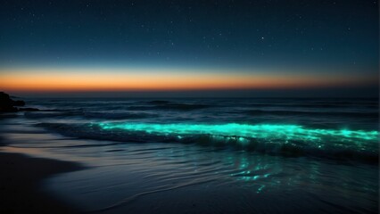 Fototapeta na wymiar Bioluminescent waves crashing on a shoreline