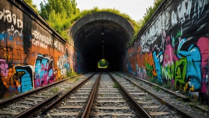 Graffiti covered tunnel with railway tracks