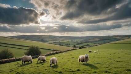 Countryside landscape with grazing sheep - obrazy, fototapety, plakaty