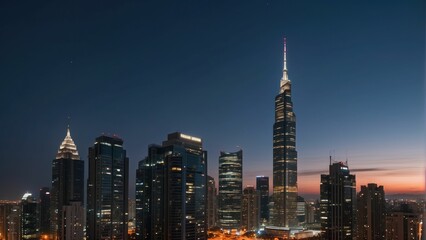 Fototapeta na wymiar illuminated city skyline at dusk with lights